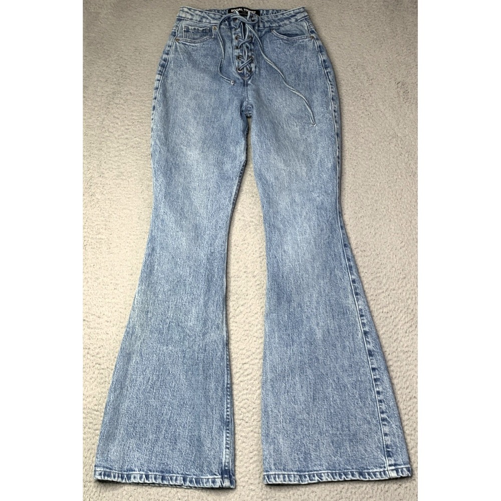 SOCIAL TOURIST Jeans Womens Size 26 Ultra High Rise 10" Flare  Waist 22" Lace Up
